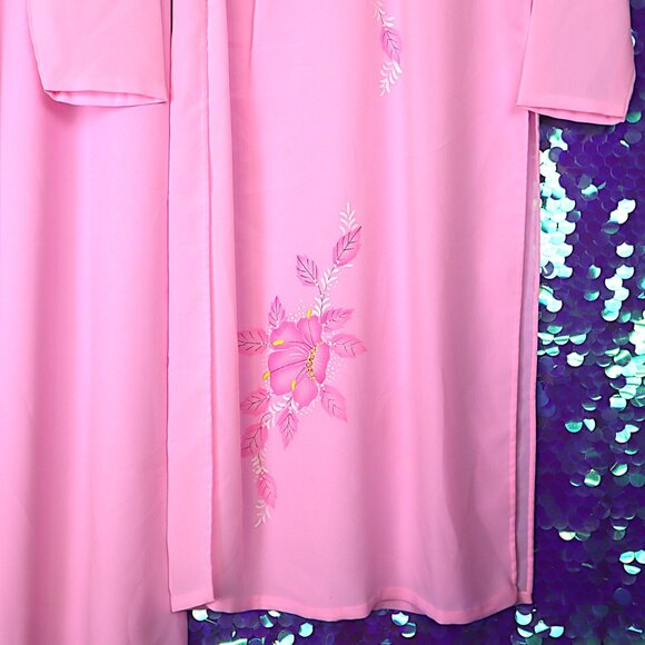 VINTAGE ASIAN LOUNGE SET L Floral Pink Pants PJs Sleepwear Pastel 70s Snaps - Picture 4 of 10